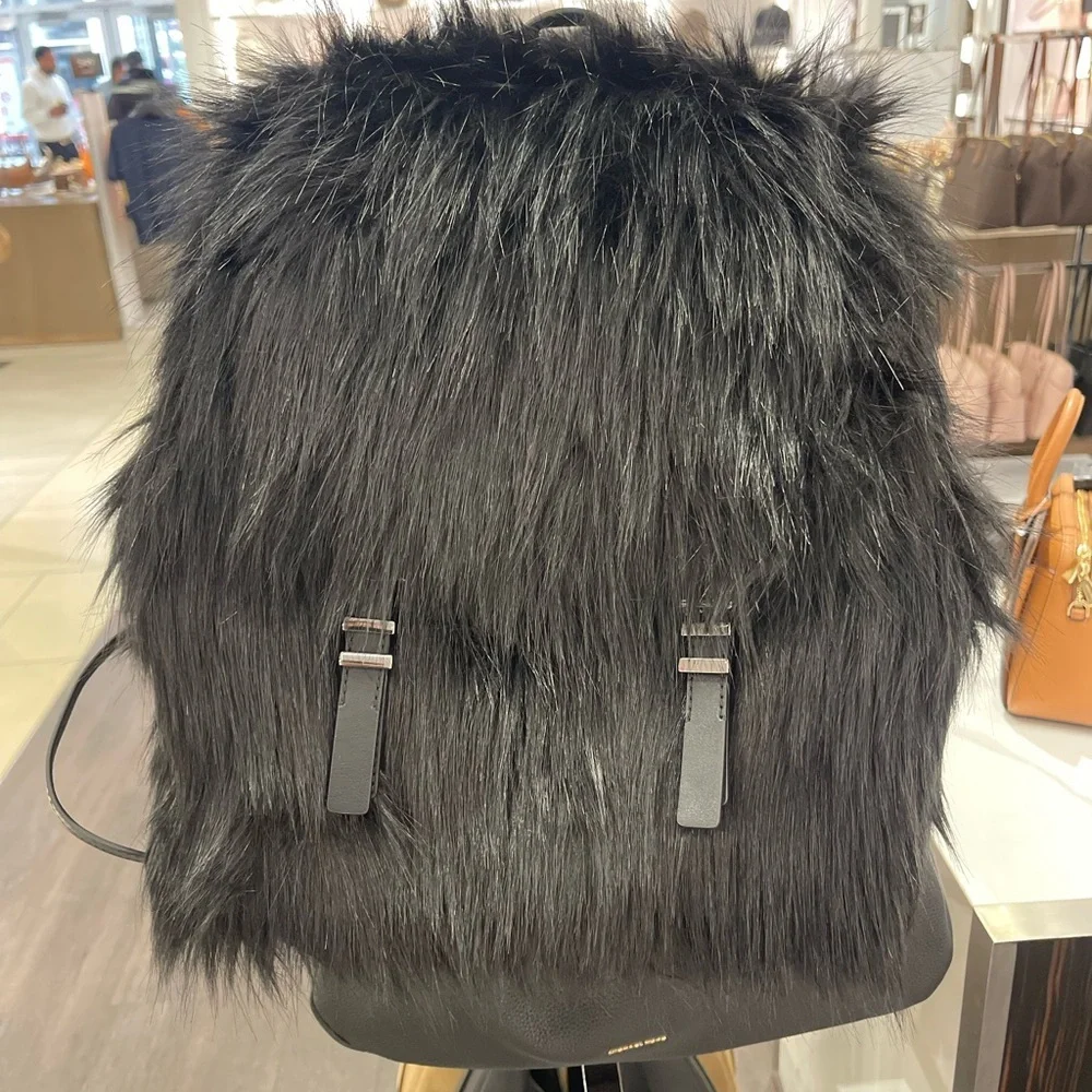 MICHAEL MICHAEL KORS Quinn Medium Flap Faux Fur Backpack Black  NWT   Live Style